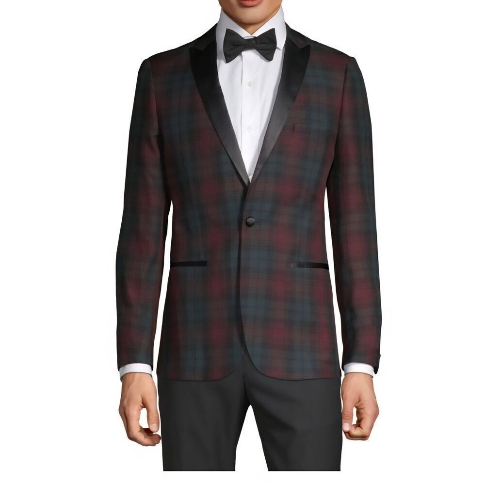 Paisley & Gray Burg/Grn/Blk Plaid Tuxedo Jkt, Peak Lapel, Satin Trim, EUC, 36R
